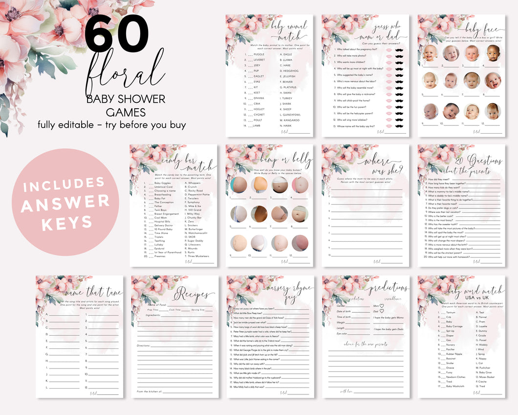 60 Pink Floral Baby Shower Games Bundle