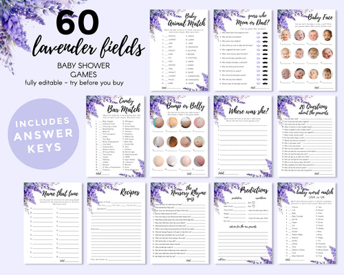 60 Lavender Fields Baby Shower Games Bundle