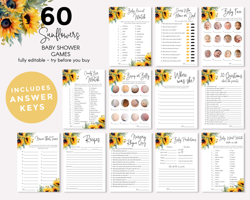 60 Sunflowers Baby Shower Games Bundle