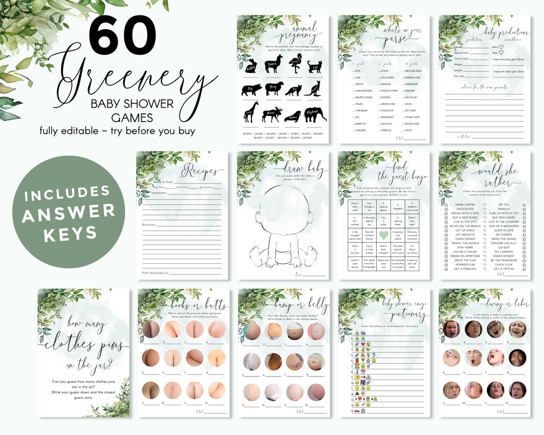 60 Greenery Baby Shower Games Bundle