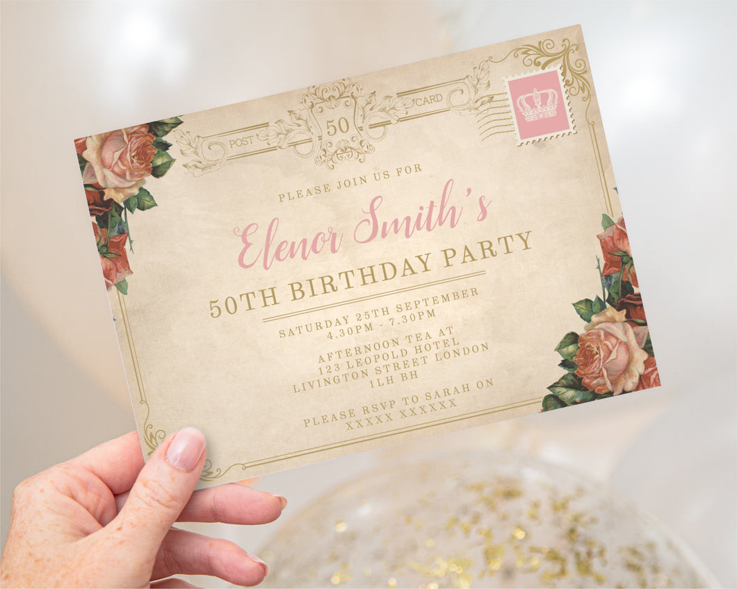 Vintage Rose Birthday Invitations