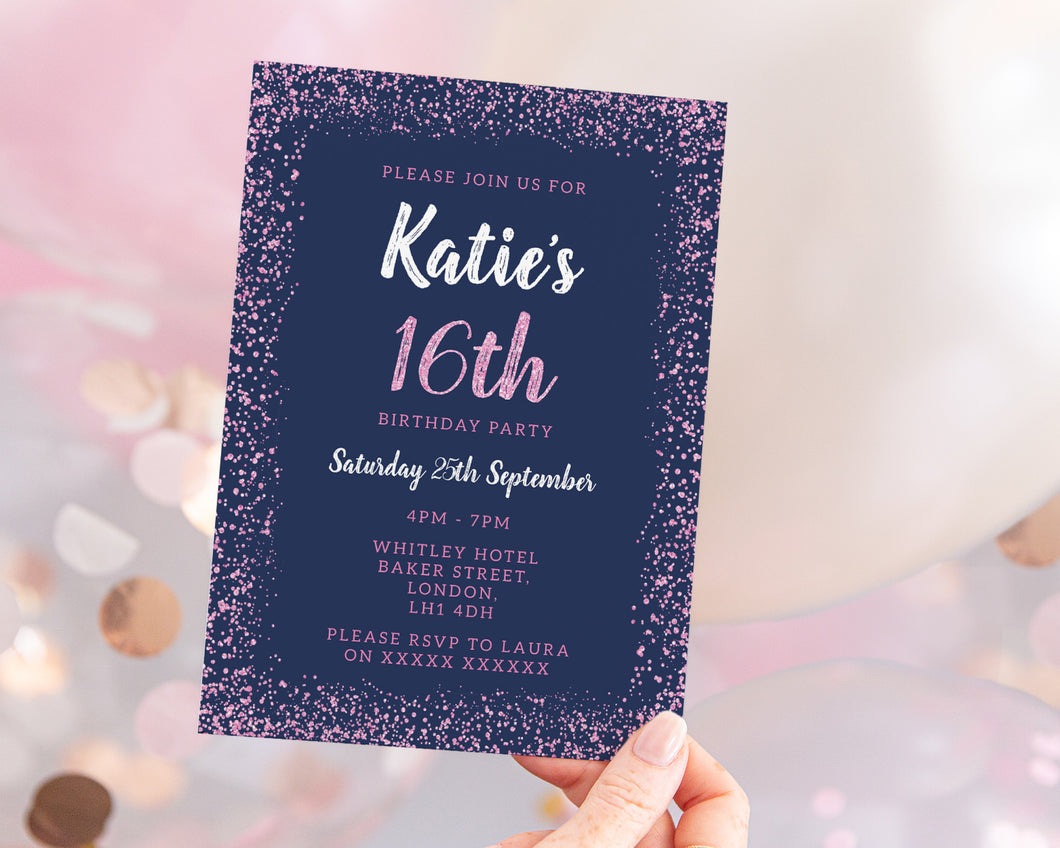 Sparkle Navy and Pink Birthday Invitations