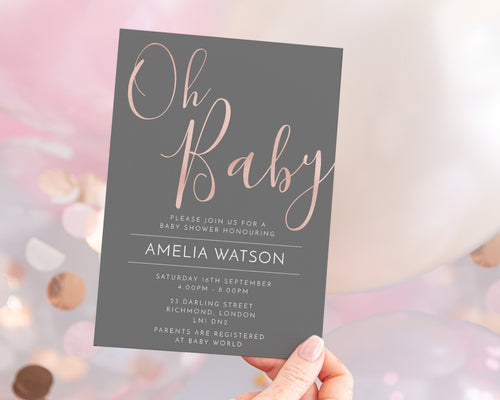 Oh Baby Grey & Rose Gold Baby Shower Invitations