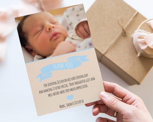 Blue Rustic Christening Thank You Card