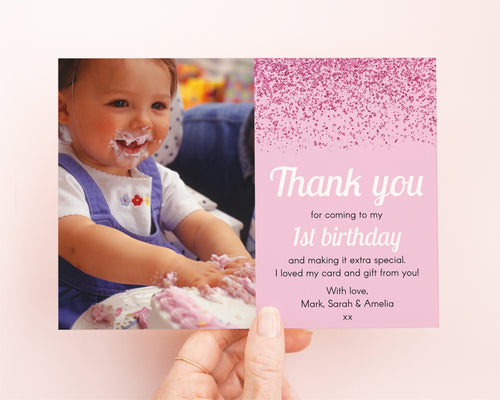 Pink Glitter Birthday Thank You Card