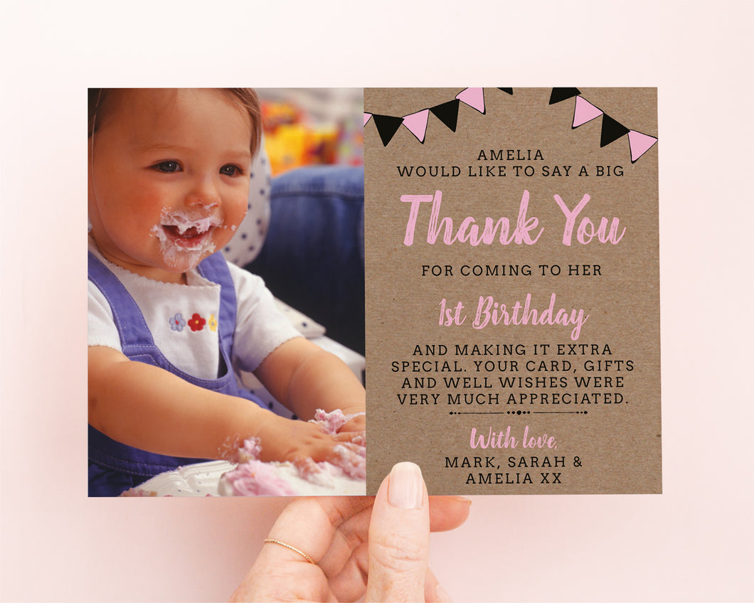 Pink Bunting Birthday Thank You Card