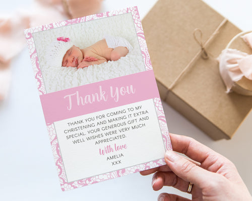 Pink Lace Christening Thank You Card