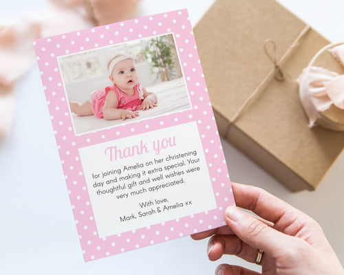 Pink Polka Dot Christening Thank You Card