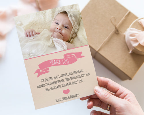 Pink Rustic Christening Thank You Card