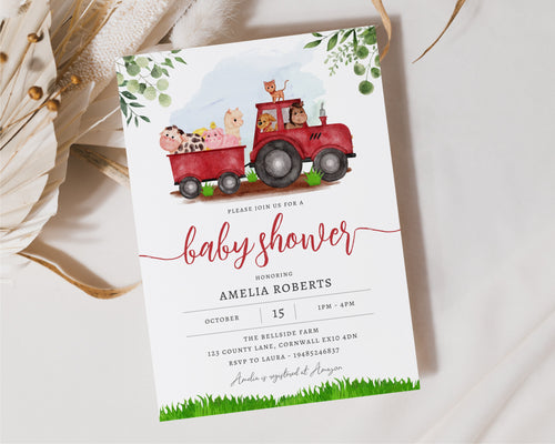 Watercolour Red Barnyard Baby Shower Invitation, Editable Template Instant Download 5 x 7