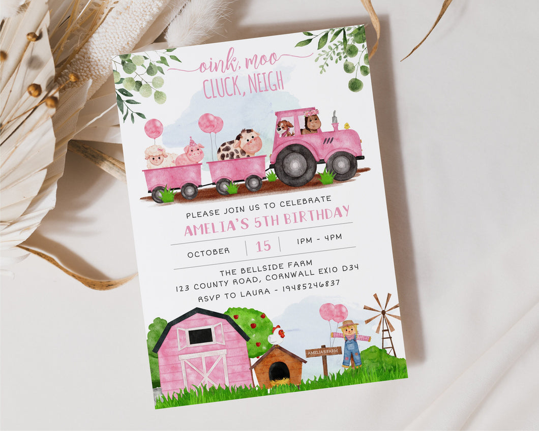 Watercolour Pink Barnyard Birthday Party Invitation