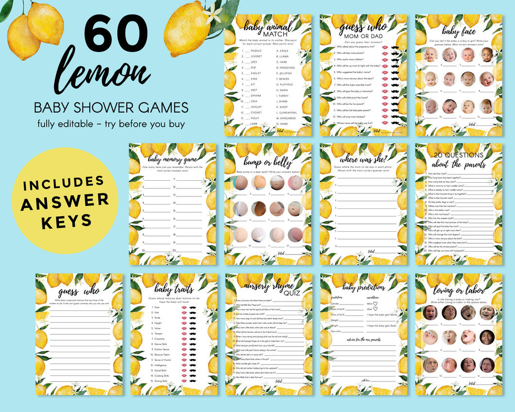 60 Lemon Themed Baby Shower Games Bundle